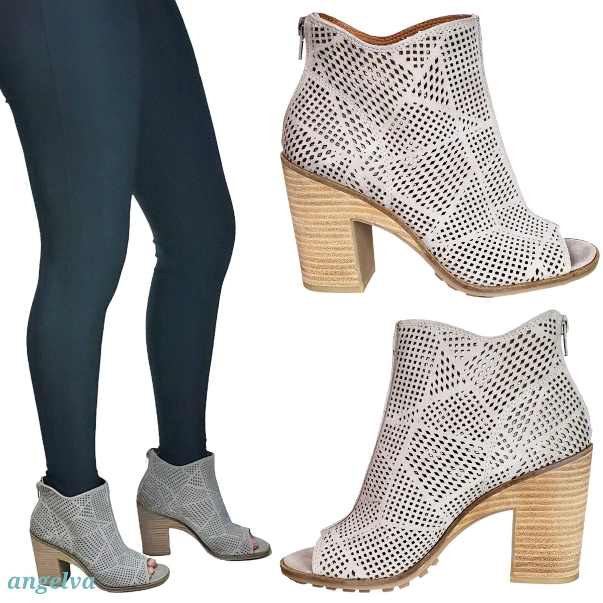 Lucky brand vacob open toe block heel perforated suede ankle booties light gray