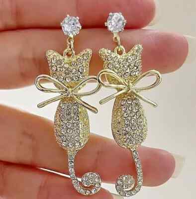 2Ct Round Cut Moissanite Cat Animal Earrings Drop/Dangle 14k Yellow Gold Plated