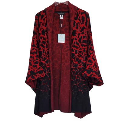 Ming Wang Jacquard Knit Relaxed Fit Open Front Kimono Cardigan Cape Red Black