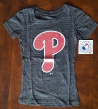 Girls MLB Philadelphia Phillies Baseball Glitter Striped Gray Fan Shirt - XS, S