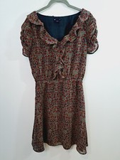 Gap Women's Green Tan Orange Floral Ruffle Detail Dress In Size Small