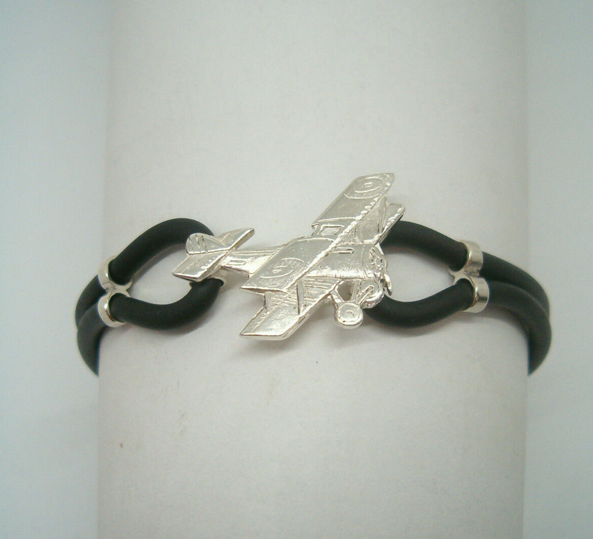 Silver Biplane Bracelet - 925 Sterling Silver & Rubber Aviation Jewelry  -image