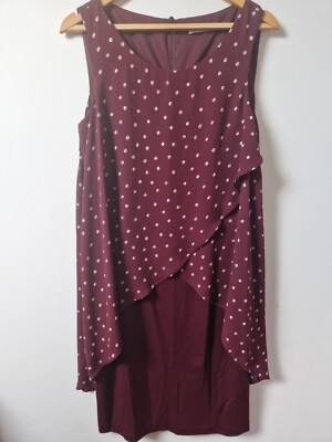 Jacques Vert Burgundy Stretchy Dress Chiffon Polkadot Overlay