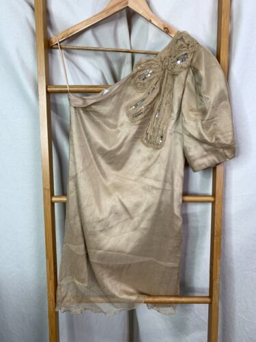 Alex Perry Dress Womens 8 Beige Silk One Shoulder Sequin Lace Bow Cocktail - Picture 1 of 11