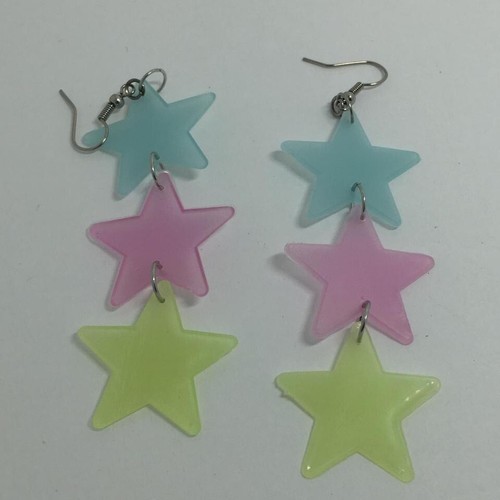 Glow in the dark star earrings , acrylic lightweight Kitsch Fun 5cm to 16cm long - Picture 63 of 90
