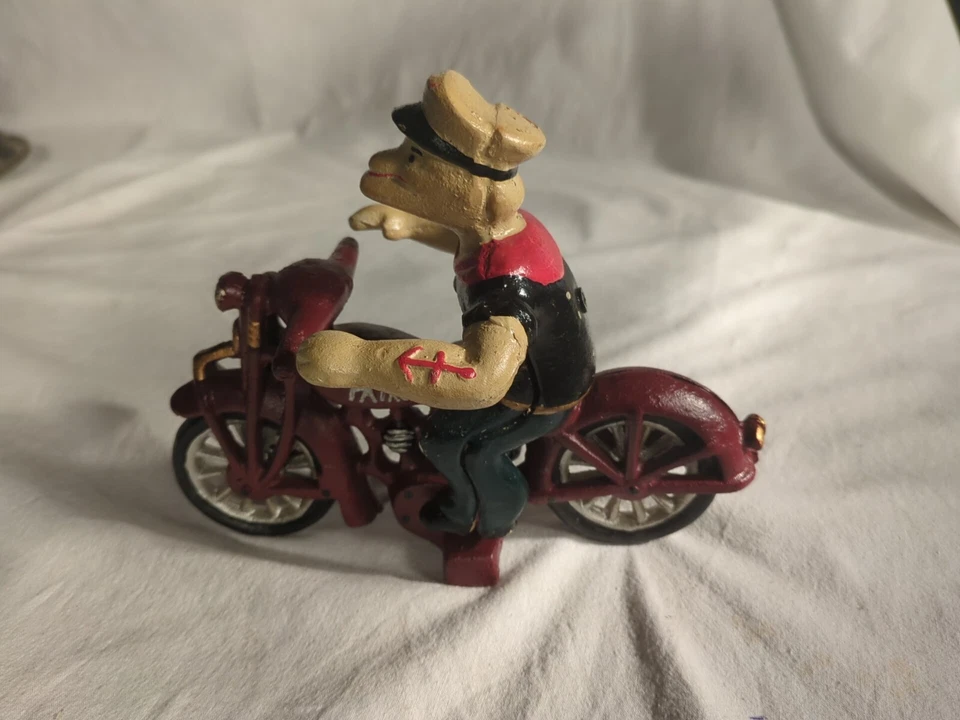 Hubley Hierro Fundido Años 30 Popeye Motocicleta Juguete Hierro Fundido Juguete Reproducción Réplica Foto 3 de 4
