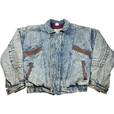 Vintage 80s Urban Equipment Heavy Distressed Acid Wash Denim Jacket Leather Trim