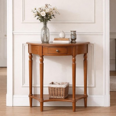 Half Moon Console Table Solid Wood Vintage Entryway Table with Storage Drawer...