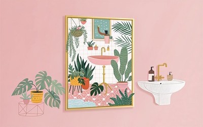 Botanisches Waschbecken Badezimmer Fliese Zimmerpflanzen hängend Makramee vielseitig Galerie Illus