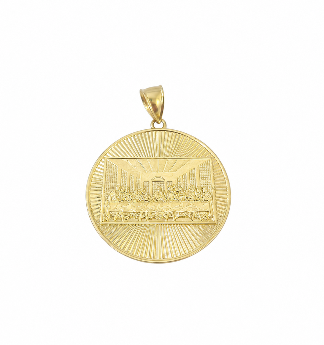 10K Yellow Gold Last Supper Pendant Charm Round Nugget Design 2 Inch