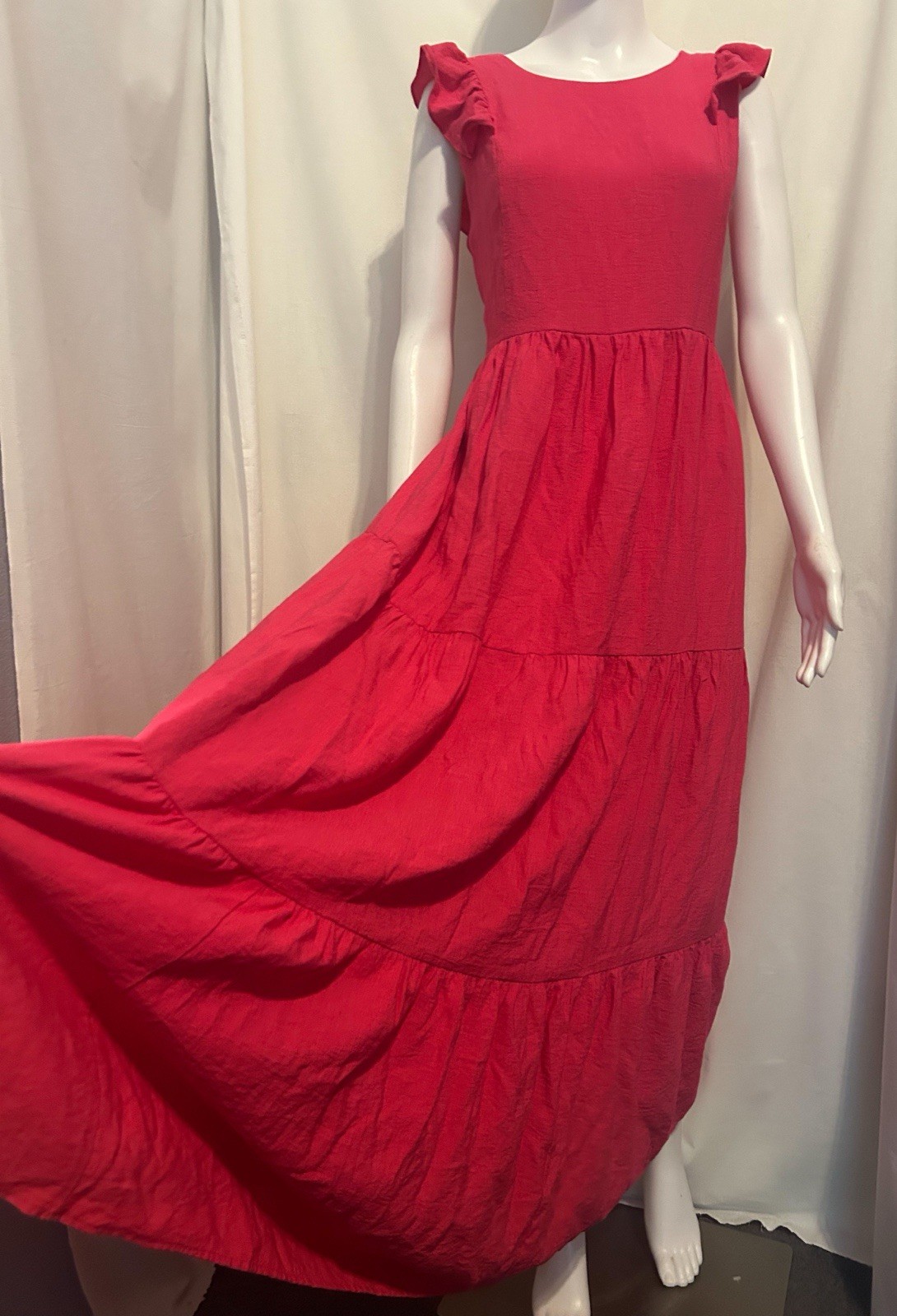 CeCe L Hot Pink Ruffle Tiered Flowy Tie Back Maxi Dress Summer Boho Barbiecore