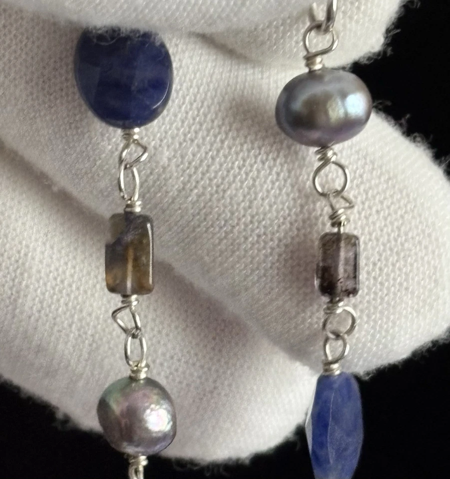 Collar de plata de ley 925 con cuentas de perlas de calcedonia de encaje azul sodalita Foto 3 de 4