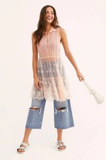 Free People Sm FP One Hearts Fly Sheer Tiered Sleeveless Slip Peach Embroidered