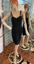 Niteline Della Roufogali SILK BLACK Beaded Cocktail Dress Prom Sz 10 VTG