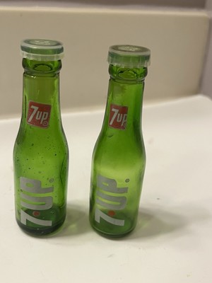 Vintage 7UP Green Glass Salt & Pepper Shakers Advertising Collectible