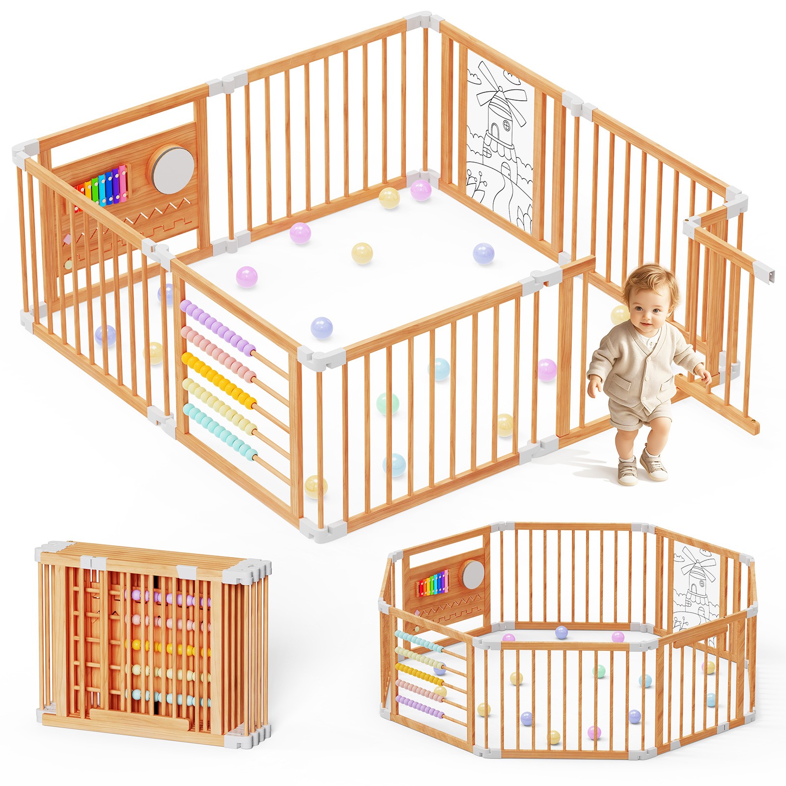 Wooden Playpen, Extra Large for Toddlers and Babies, Adjustable Size，56”x56”x24”