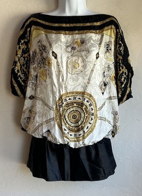 Y2K Cache 100% Silk Blouson Tunic Top M Tea Pot Print Baroque Chain Draped 