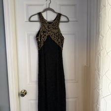 Vintage Lawrence Kazar Vintage Beaded Gown Silk Black Gold Size M