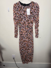 Zara Floral Ruched Long Sleeve Midi Dress XL Fall Floral Cottagecore Garden Part