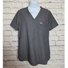 Figs Scrub Top Womens Medium Technical Collection Gray One Pocket Pink Ribbon