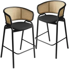 Ervilla Wicker Back and Leather Upholstered Bar Stool in Black/Black (Set of 2)