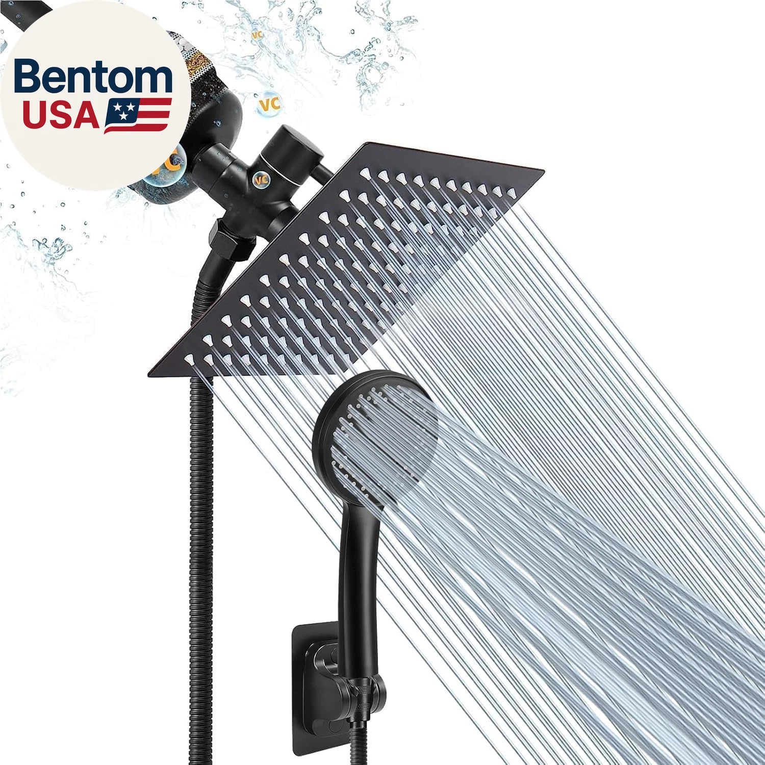Filtered Rain Shower Head, High Pressure 8″Square, and 5 Settings Handheld Showe
