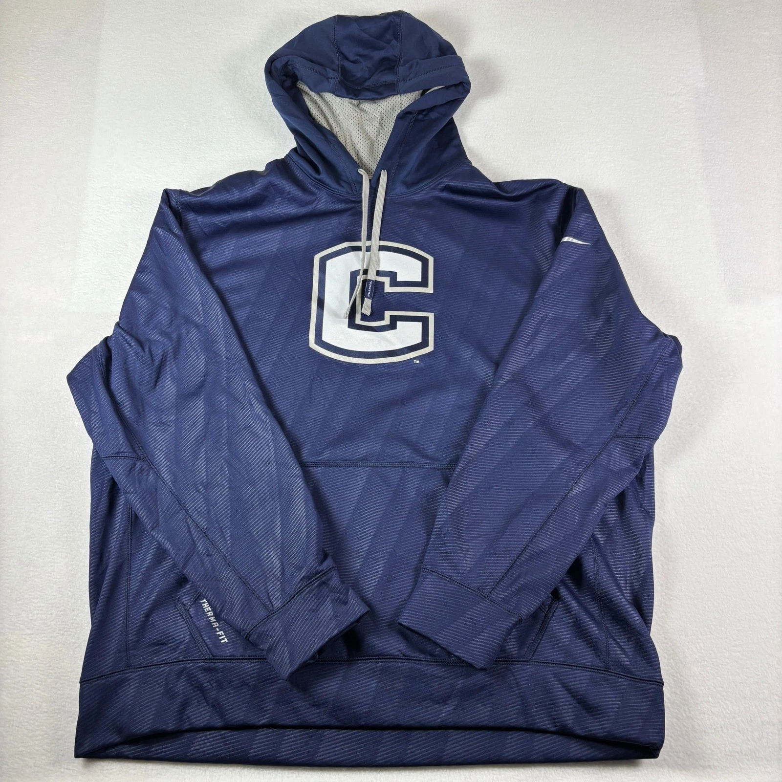 Nike Therma-FIT Mens XXL Navy Blue Textured Pullover Hoodie C Logo Athletic