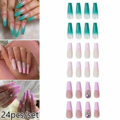 24 Unghie Finte Corte Primaverili Con Fiori 3D E Perle – French Punta Completa, Colore Rosa Pelle