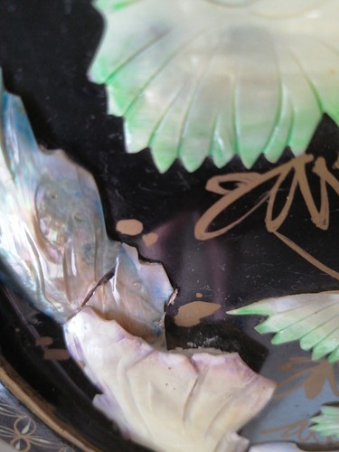 Vintage Chinese Oriental Black Lacquer & Mother of Pearl Wall Art Plaque - Picture 7 of 17