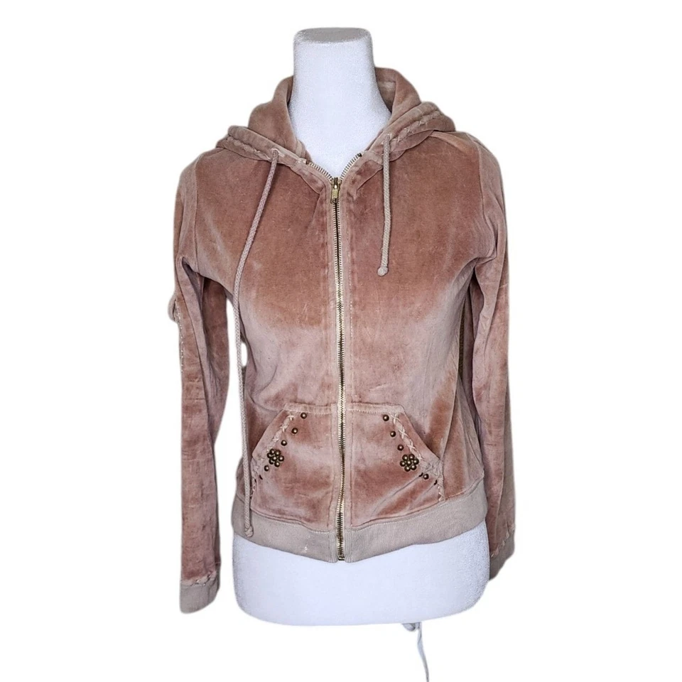 Sudadera con capucha vintage Y2K BCBG terciopelo dragón asiático ojal cremallera para mujer talla S beige Foto 2 de 4