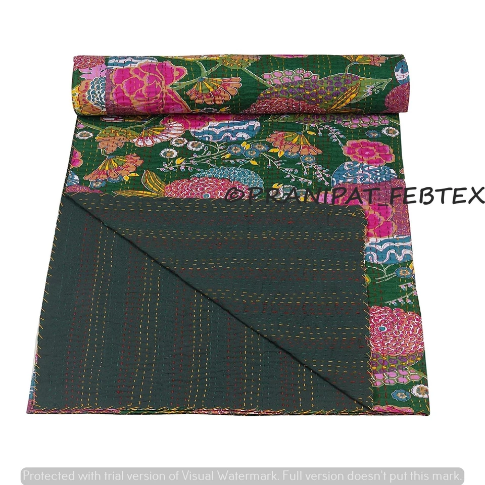 Colcha Kantha India Estampado Tropical Verde Queen Algodón Colcha Foto 2 de 4