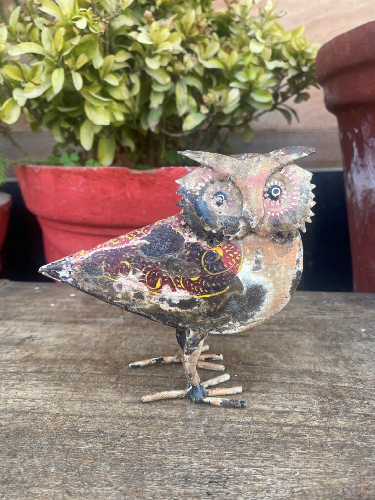 Handmade Recycled Metal Owl Art Sculpture Figurine - Silver Abstract Decor