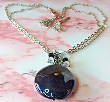 "EE1"- silver tone clear quartz, cystal beads deep black glass pendant necklace