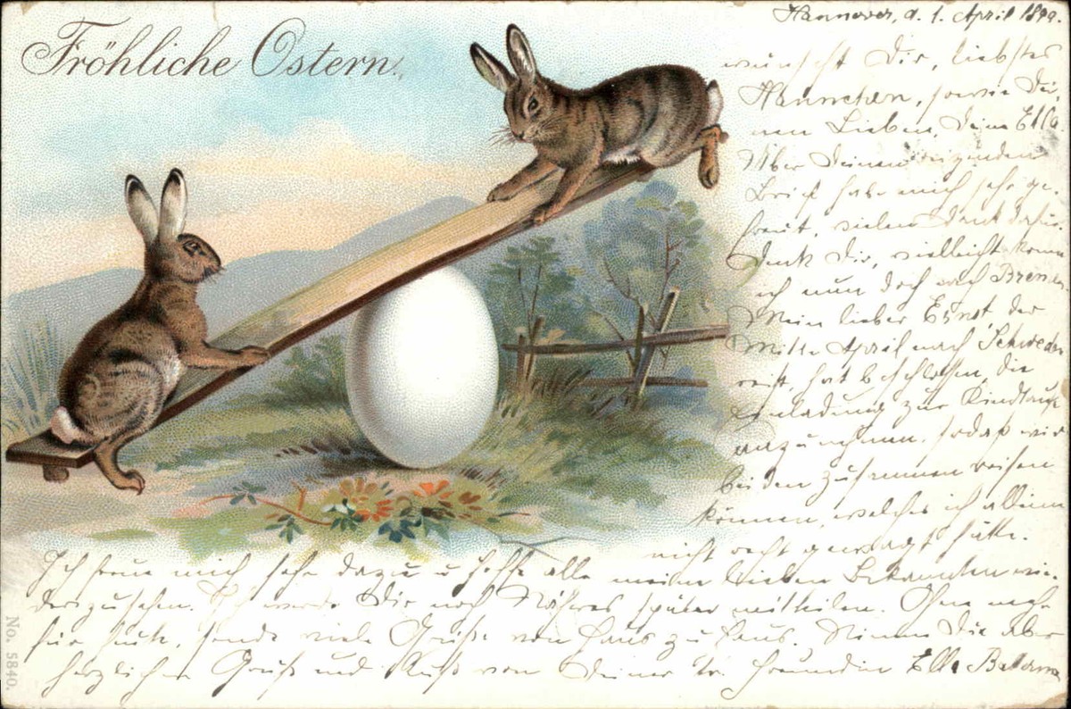 Easter Bunny Rabbits Play Egg Seesaw c1900s-10s Postcard UK
