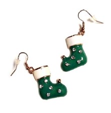 Christmas Stocking Earrings Green/Faux Stones/Goldtone Accents- FAST SHIPPING
