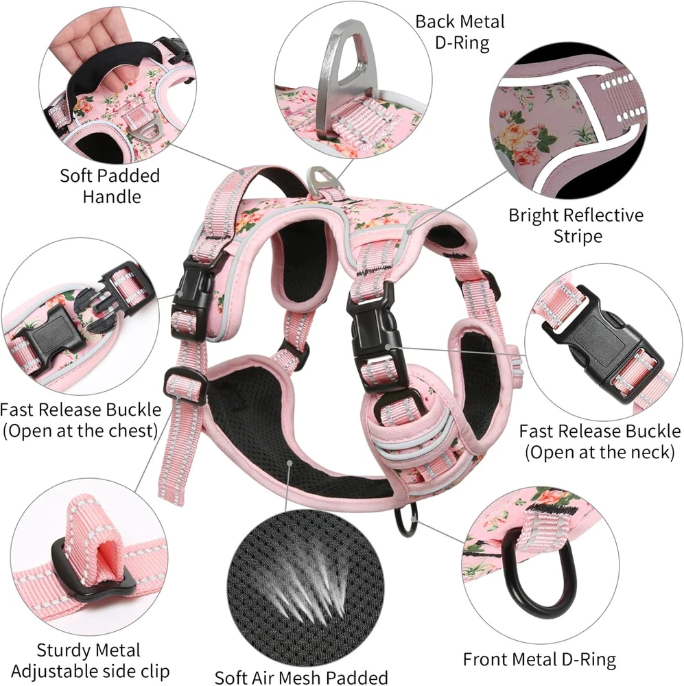 Dog Harness, No-Pull Pet Harness with 2 Leash Clips, 3 Snap Buckles Adjustable S