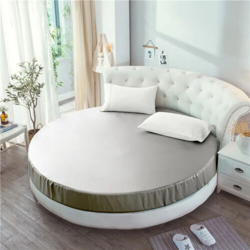 Elastic Round Fitted Sheet Soft Silky Satin Solid Color Bedspread Mattress Cover - Picture 13 of 37