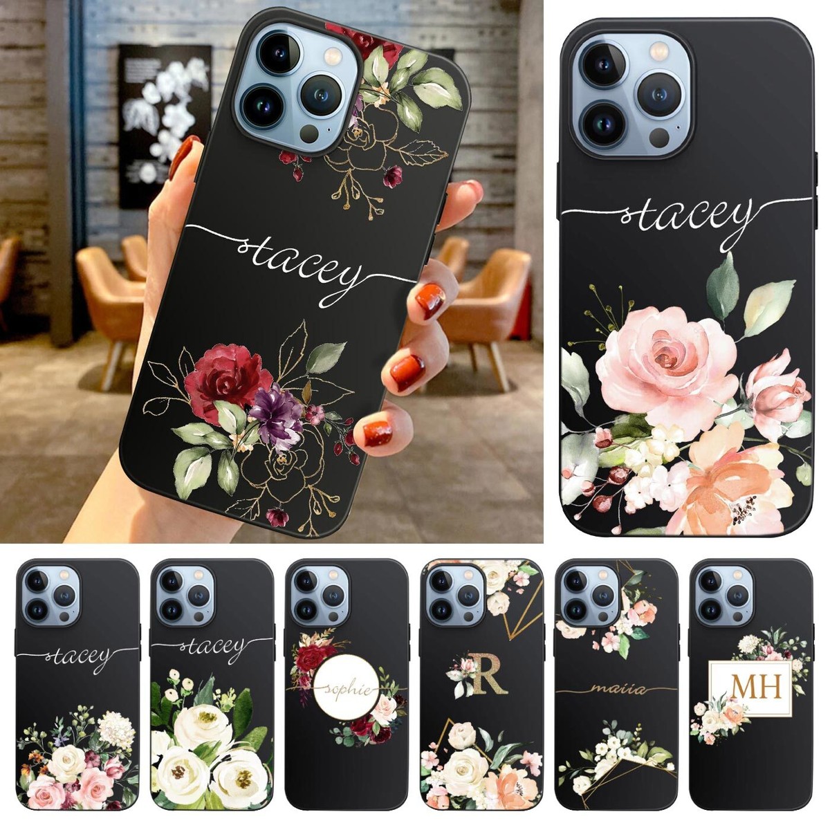 Flower Personalised Name For iPhone 16 Pro Max 15 14 13 11 12 XR Soft Case  Cover