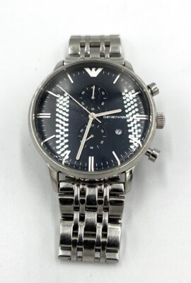 Rare Emporio Armani AR0389 Chronograph Silver Band Black Dial Quartz Men's Watch