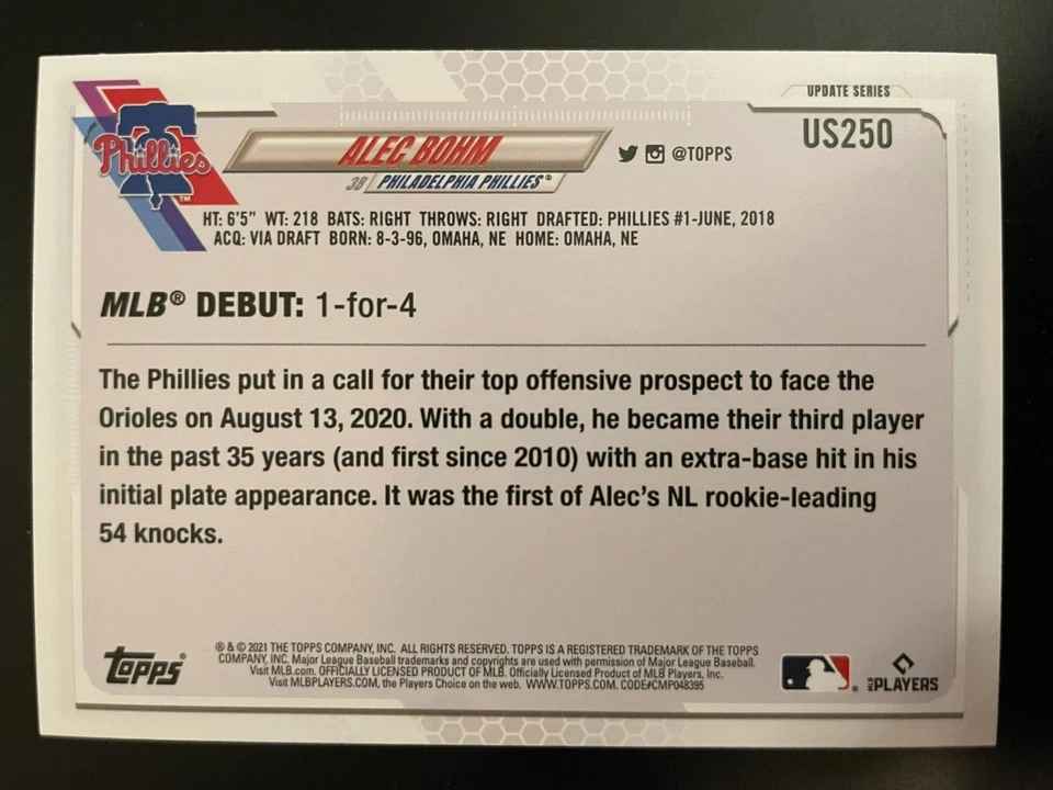 Alec BOHM RC 2021 Topps Update Series Rookie Debut #US250 Philadelphia Phillies - Image 2 of 2