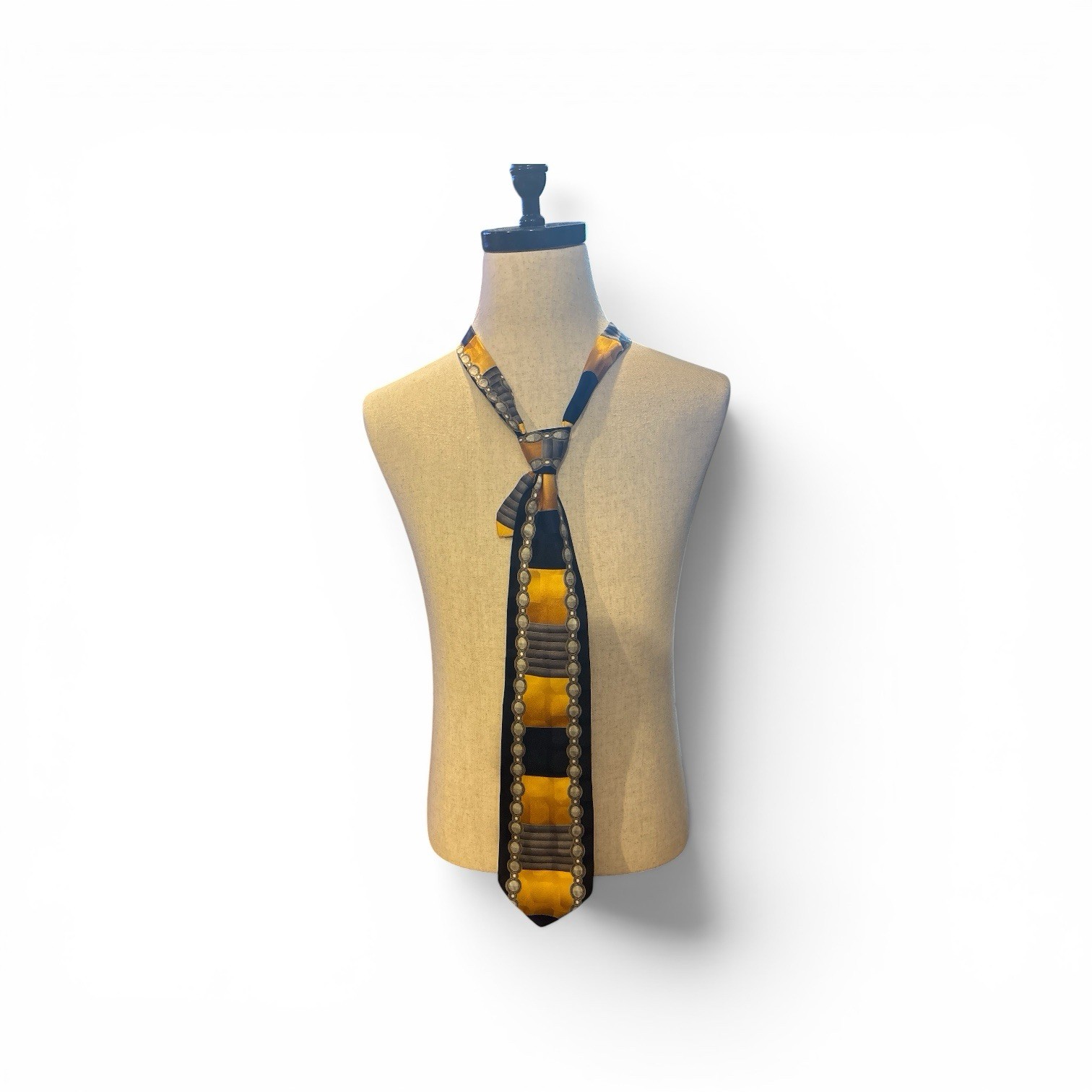 Vintage DiMaggio 100% Silk Neck Tie Navy Blue Gold Gray Art Deco Geometric Wide