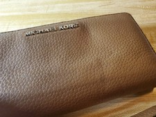 Michael Kors brown / tan clutch, designer wristlet, wallet, Needs TLC