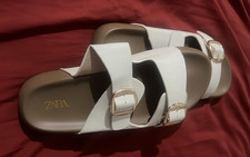 ZARA Women's White/Taupe Double Buckle Slide Flat Sandals UK 9 M EU 41