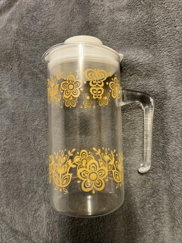 Vintage Pyrex Butterfly Gold Clear Glass Pitcher/Carafe Handle with stopper 8"