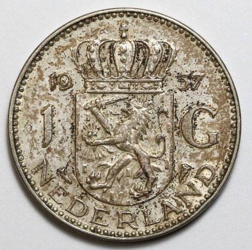 1957 Netherlands 1 Gulden SILVER Coin - Toned - Juliana - Nice Original Coin