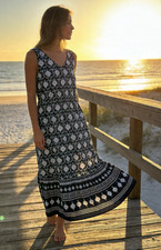 Talbots Blue White Paisley Maxi Dress Knit Stretch V-Neck Sleeveless MP Petite