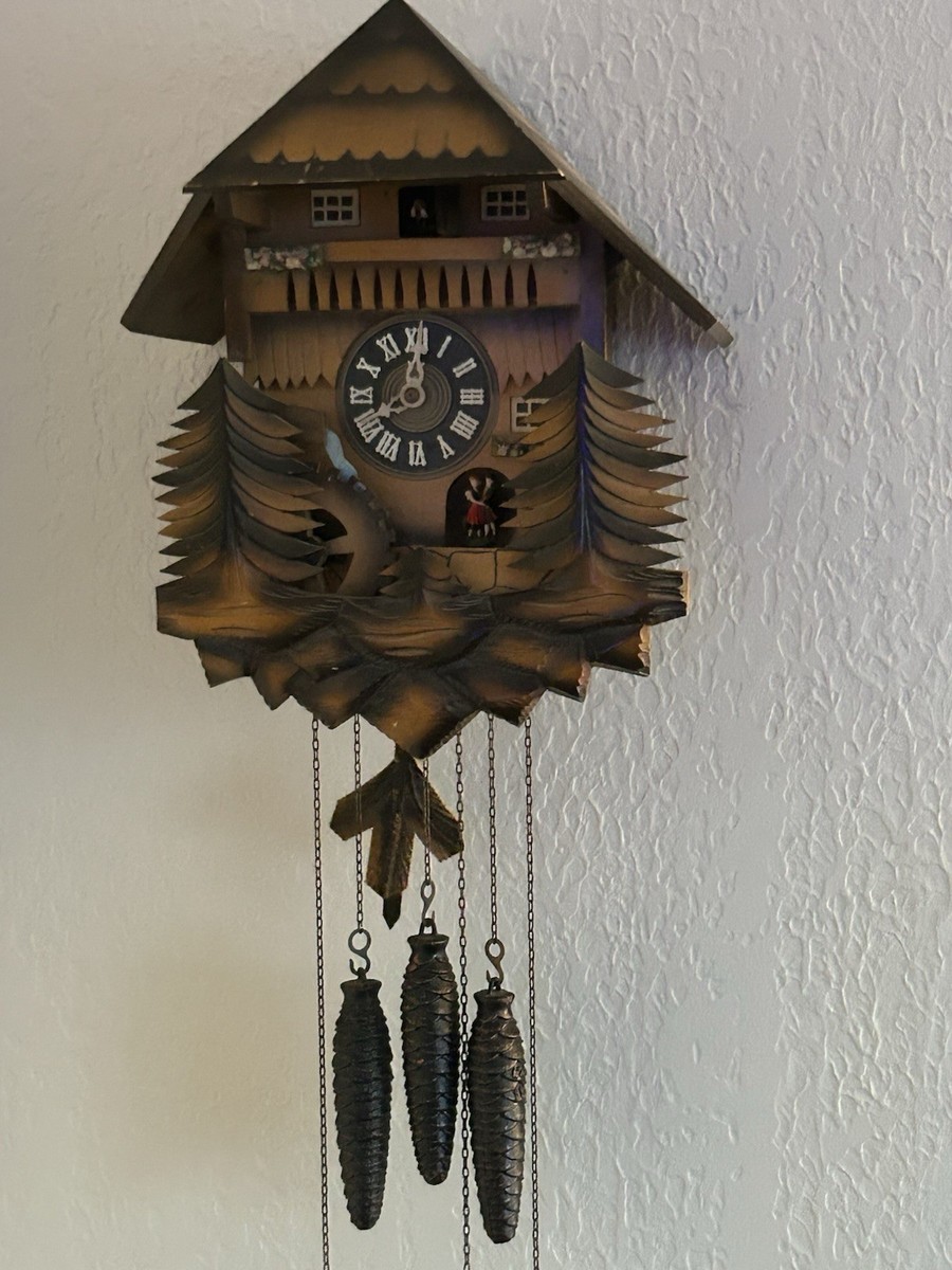 レア　ヴィンテージ　ゴシック　コロニアル　トラッド　デザイン　ウッド　ミラー Authentic German Antique Black Forest Chalet-style Cuckoo Clock