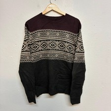 Vintage Fair Isle Pattern Jumper Mens S Burgundy Black Nordic Knit Winter