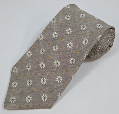 Ermenegildo Zegna Tie Beige White Flowers Orange Dots Silk Made in Italy 58''x4''
