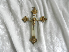 Ancienne grande croix religieuse en argent massif vermeil / or et nacre 19 ème